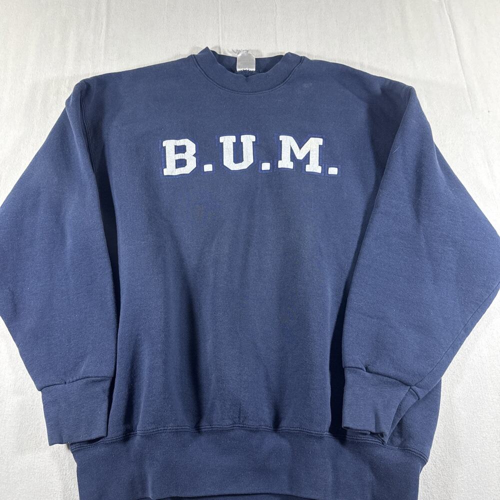 Vintage 90s BUM Equipment Crewneck Pullover Sweatshirt Large Gym Wear Blue